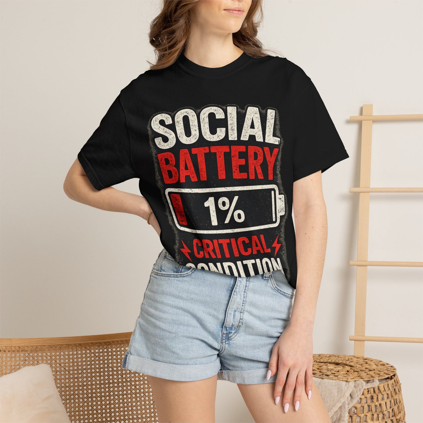 T-Shirt — "Social Battery 1% Critical Condition" Graphic Tee