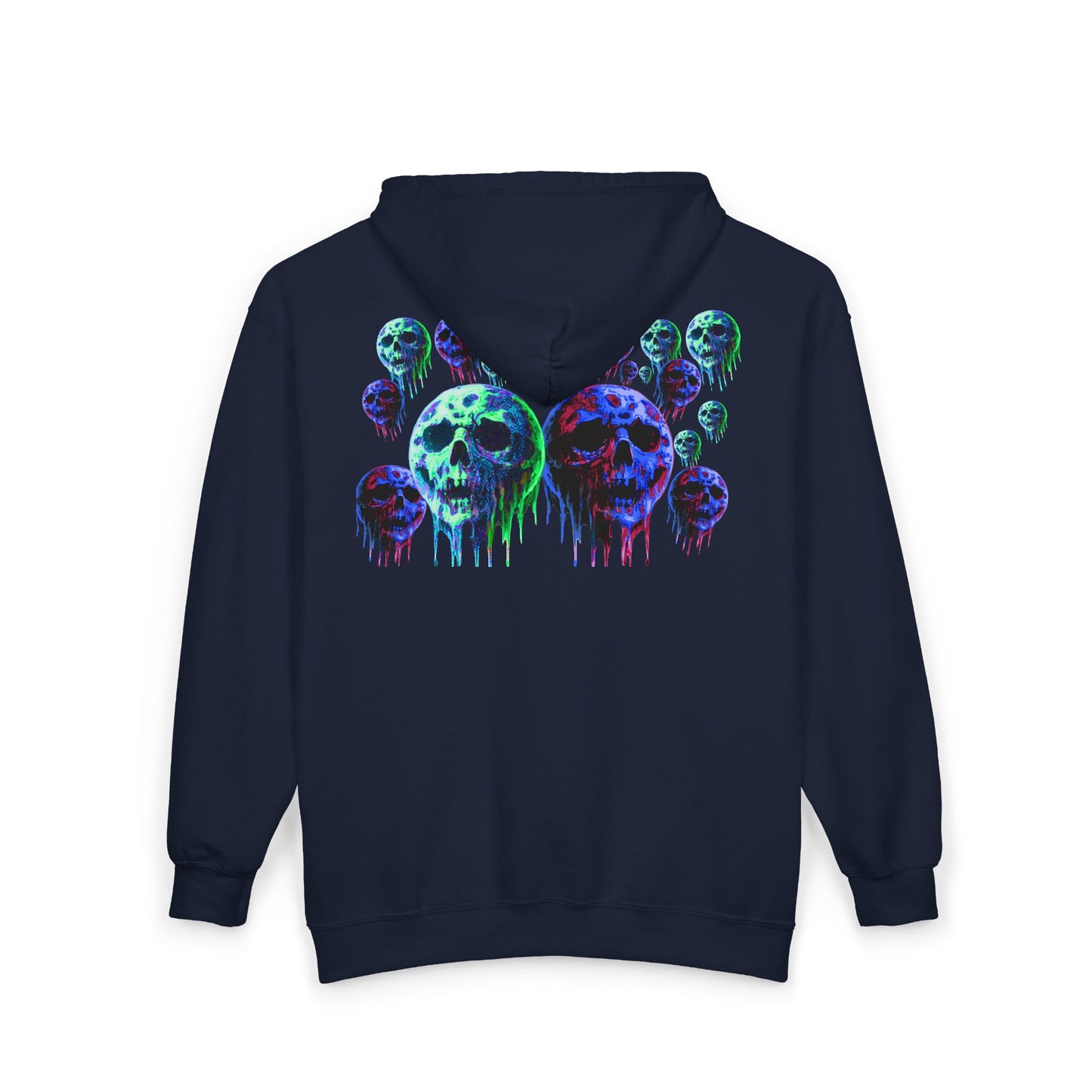 Dripping Neon Skull Zip Hoodie — Glowing Horror Graphic Full-Zip Sweatshirt