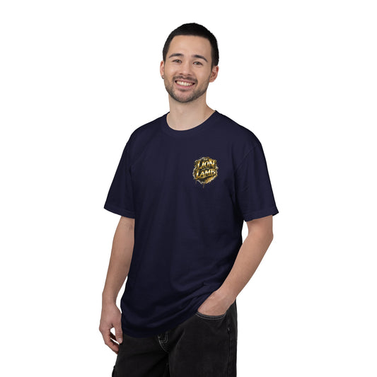 Lion and Lamb Christian T-Shirt | Faith-Based Graffiti Streetwear Tee | Gold Urban Christian Graphic Shirt | Religious Lion Lamb Apparel