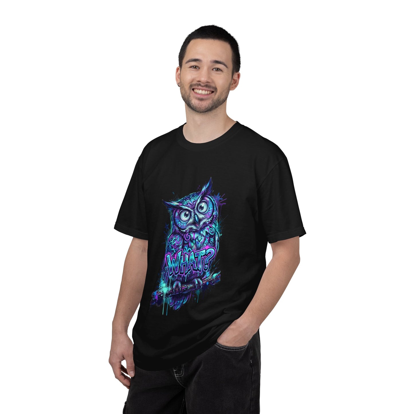 Owl 'What?' Graphic T-Shirt — Neon Grunge Owl Tee for Nightlife & Streetwear