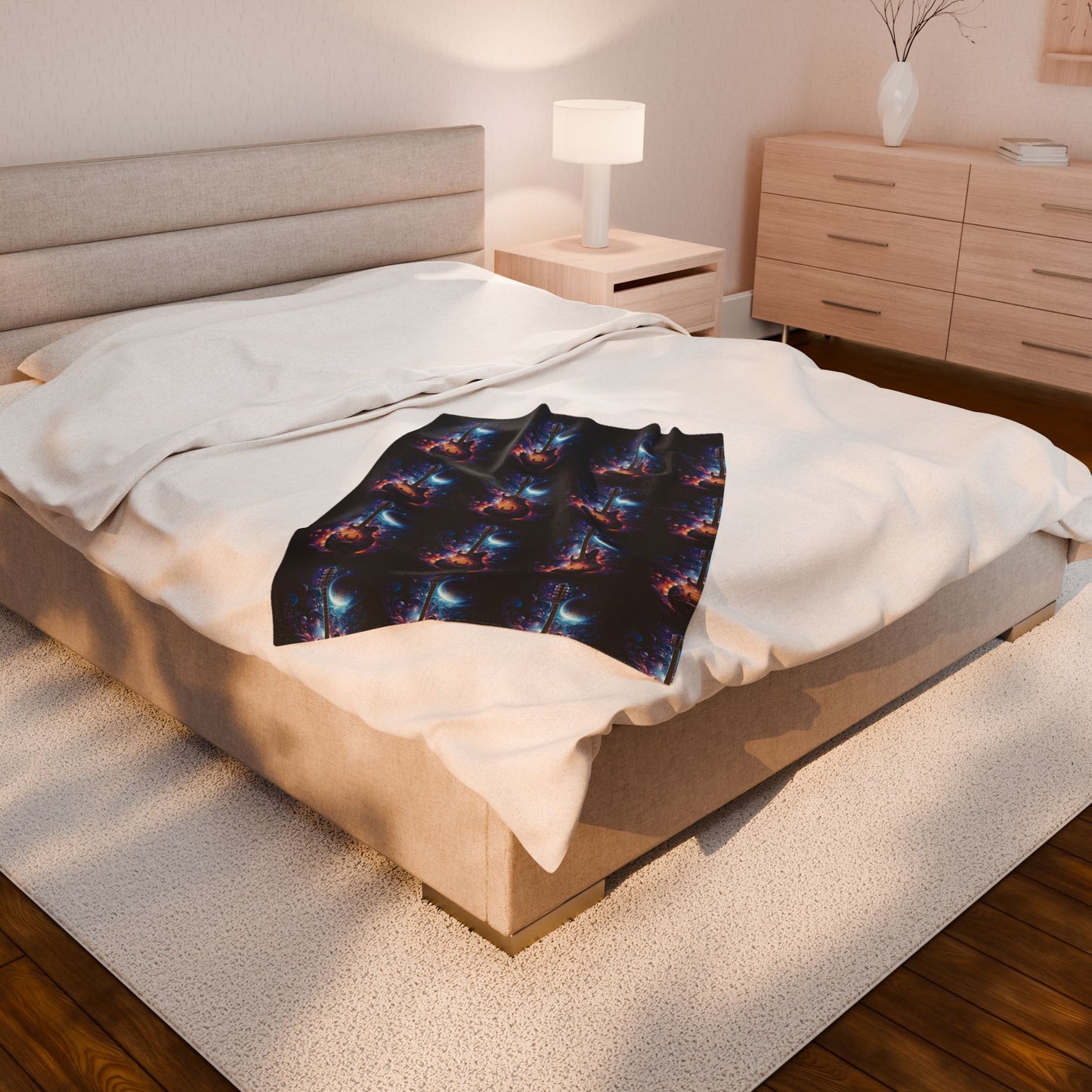 Cosmic Guitar Velveteen Plush Blanket | Soft Throw for Music Lovers, Warm Home Decor, Gift for Musicians, Starry Night Blanket