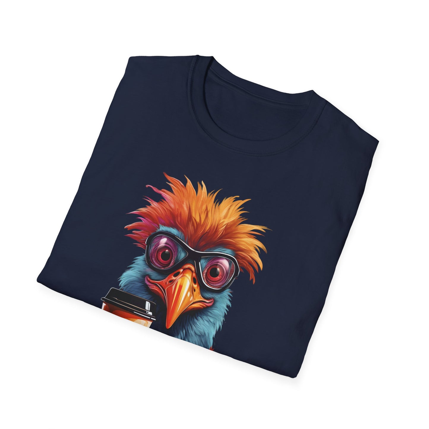 Coffee Bird T-Shirt — Quirky Colorful Bird Holding Coffee Graphic Tee