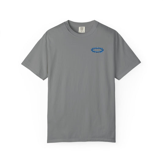 Graphic T-Shirt — Blue Barbed Halo with 'Sovereign' Bubble Letter Back Print