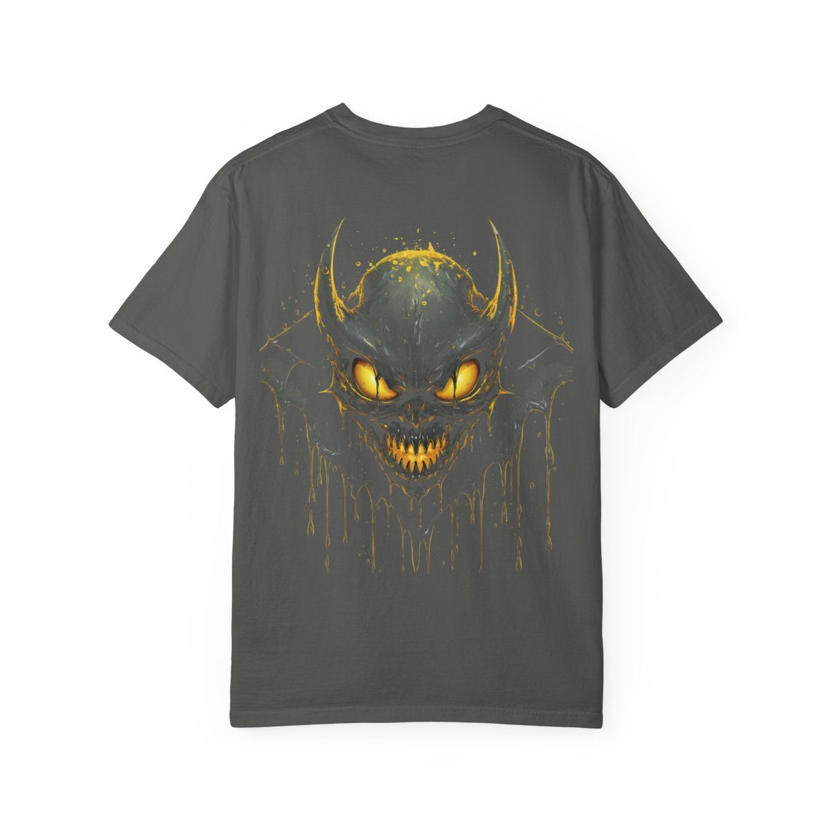 Glowing horned skull garment-dyed T-shirt in Pepper, back view