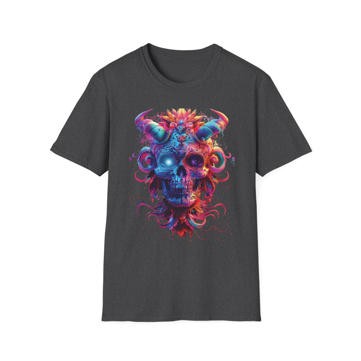 Neon skull graphic T-shirt in Dark Heather — front view with colorful skull, horn and floral artwork