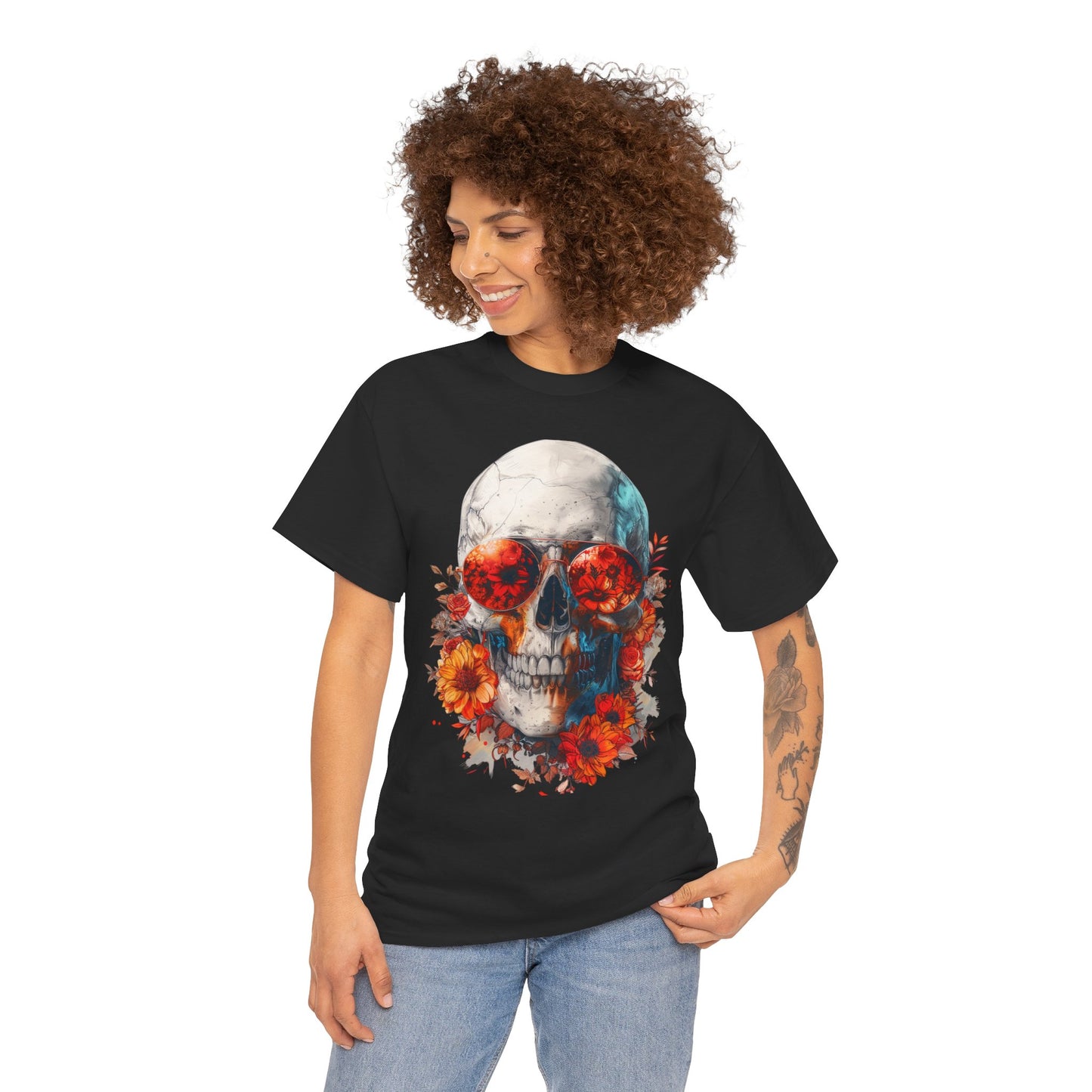 Floral Skull Sunglasses T-Shirt – Aesthetic Skeleton Flower Graphic Tee | Streetwear Skull Shirt | Artistic Gothic Floral Tee