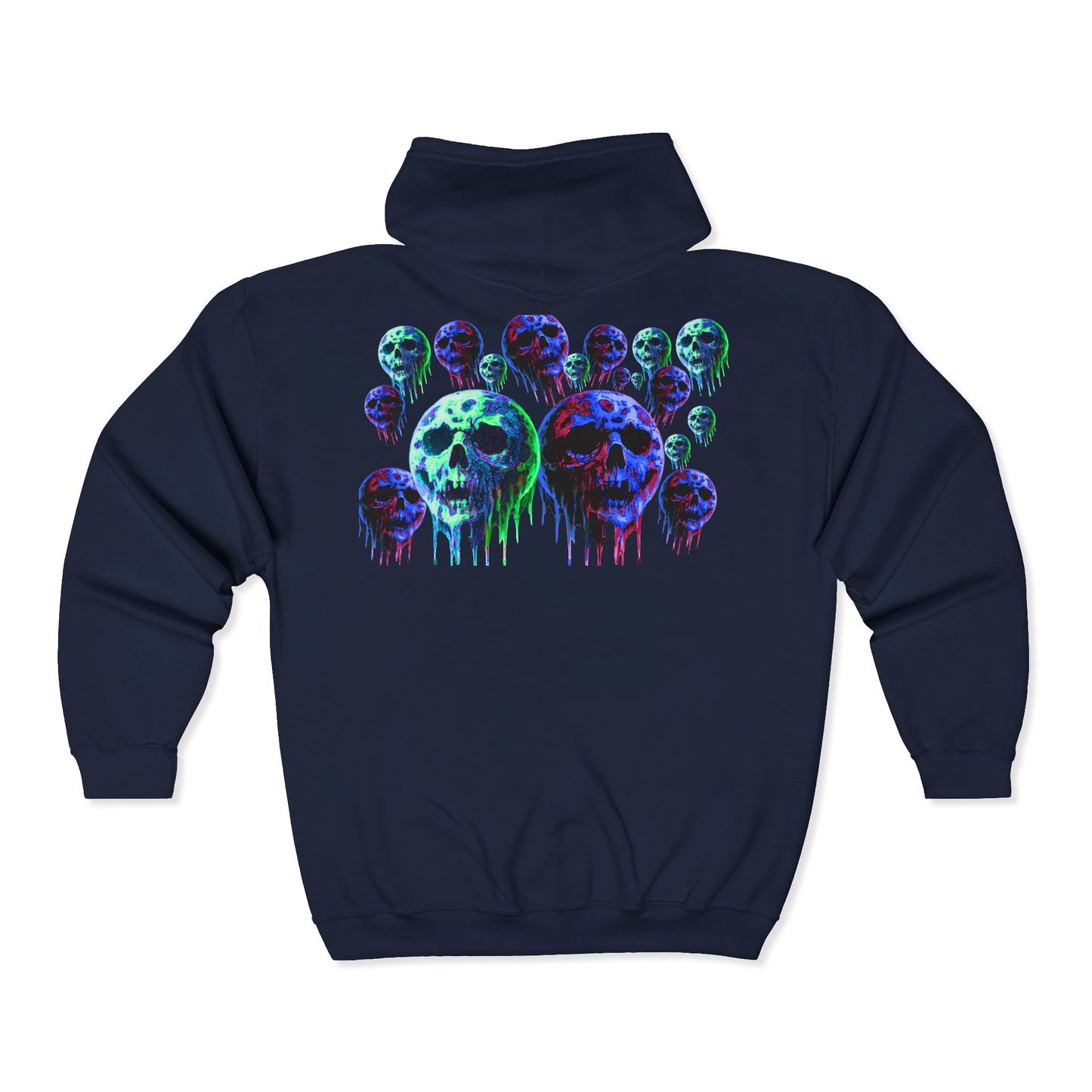 Dripping Neon Skull Zip Hoodie — Glowing Horror Graphic Full-Zip Sweatshirt