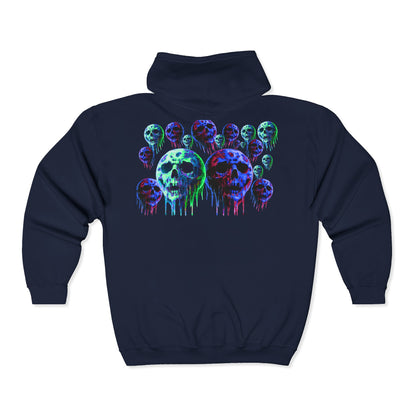 Dripping Neon Skull Zip Hoodie — Glowing Horror Graphic Full-Zip Sweatshirt