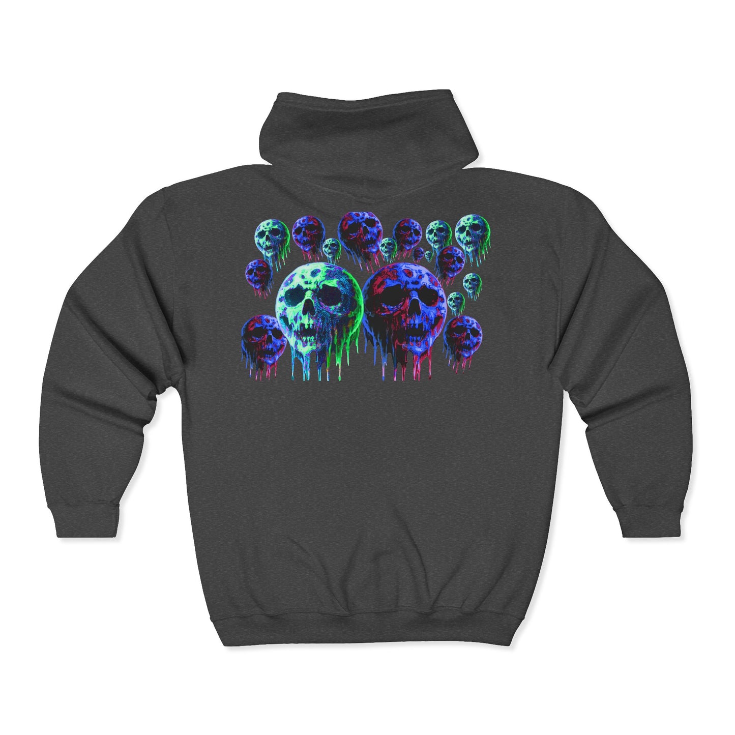 Dripping Neon Skull Zip Hoodie — Glowing Horror Graphic Full-Zip Sweatshirt