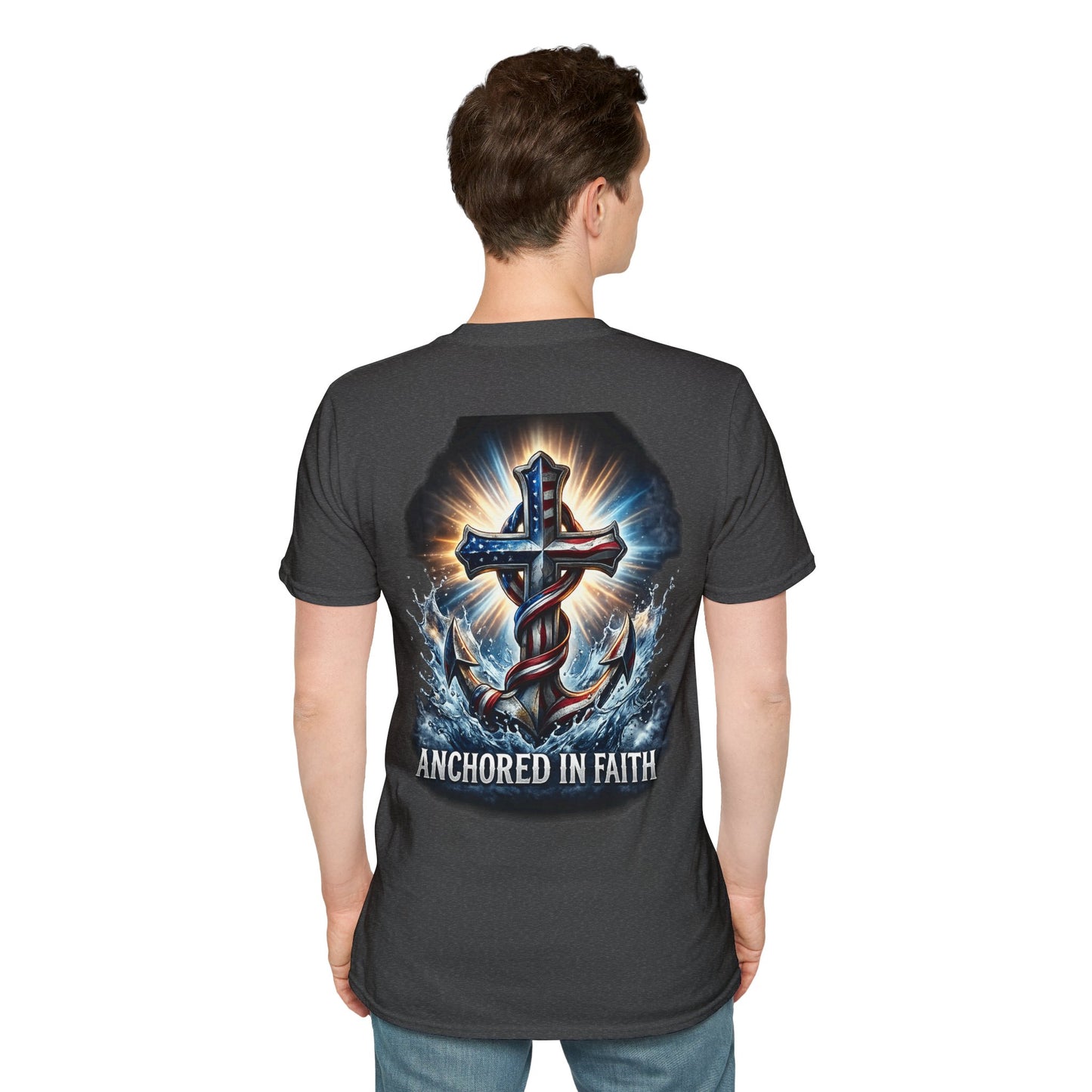 Anchored in Faith Christian T-Shirt | Patriotic Cross & Anchor Graphic Tee | American Flag Faith Shirt