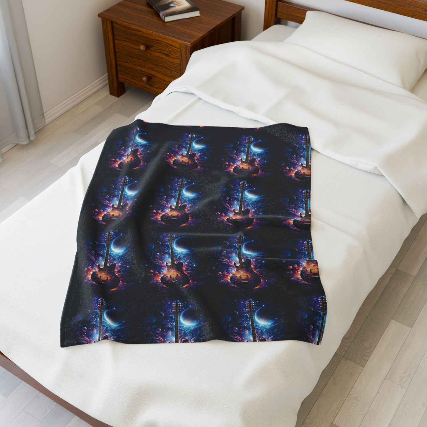 Cosmic Guitar Velveteen Plush Blanket | Soft Throw for Music Lovers, Warm Home Decor, Gift for Musicians, Starry Night Blanket