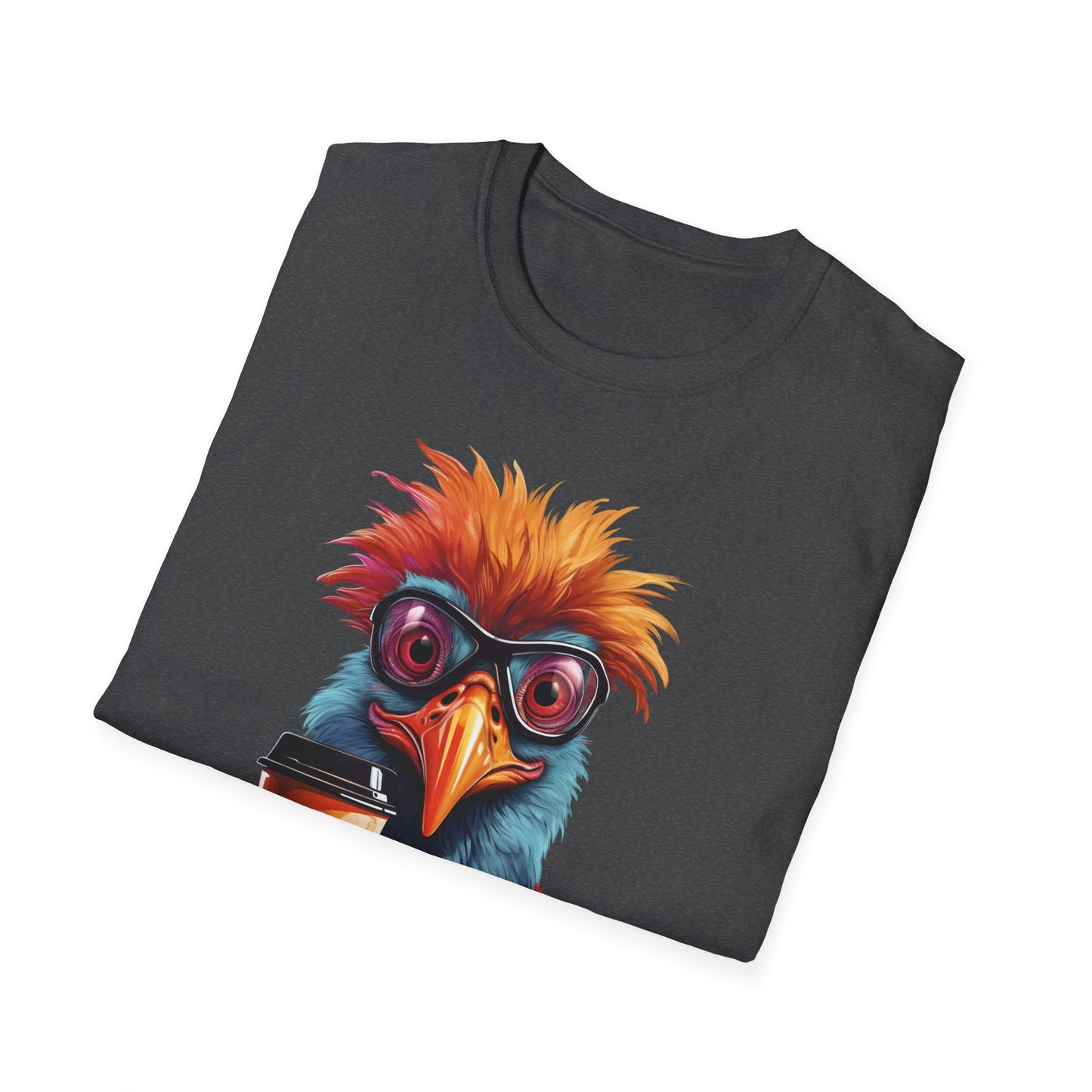 Coffee Bird T-Shirt — Quirky Colorful Bird Holding Coffee Graphic Tee