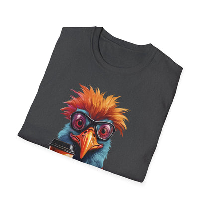 Coffee Bird T-Shirt — Quirky Colorful Bird Holding Coffee Graphic Tee