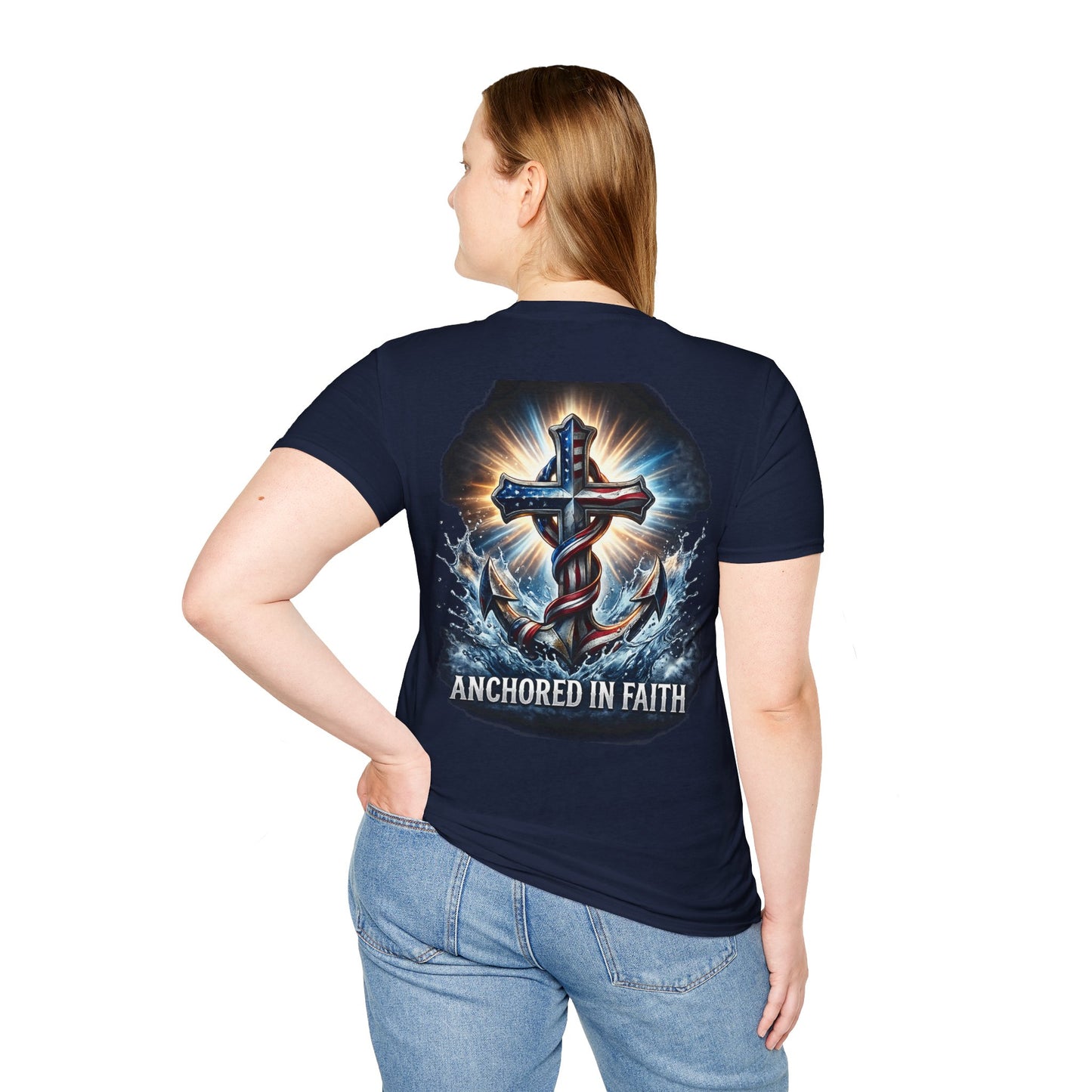 Anchored in Faith Christian T-Shirt | Patriotic Cross & Anchor Graphic Tee | American Flag Faith Shirt