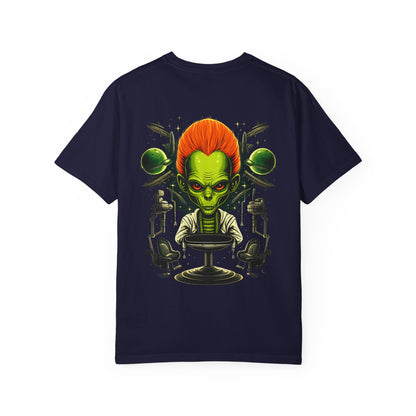 Alien Barber Shop T-shirt | Retro Sci-Fi Skull Barber Design