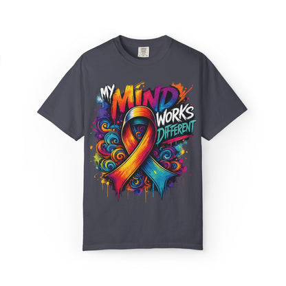 T-Shirt — "My Mind Works Different" Colorful Awareness Ribbon Tee