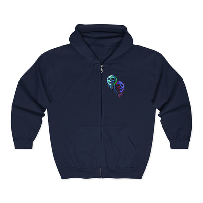 Dripping Neon Skull Zip Hoodie — Glowing Horror Graphic Full-Zip Sweatshirt