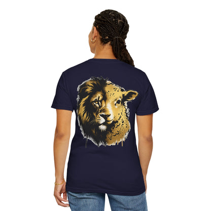 Lion and Lamb Christian T-Shirt | Faith-Based Graffiti Streetwear Tee | Gold Urban Christian Graphic Shirt | Religious Lion Lamb Apparel