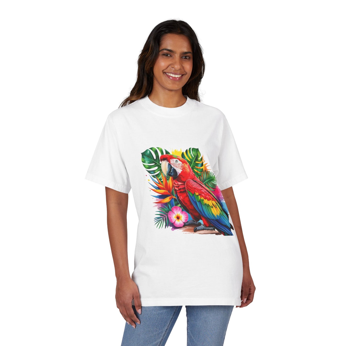 T-Shirt — Tropical Parrot Graphic Tee (Colorful Macaw & Hibiscus)