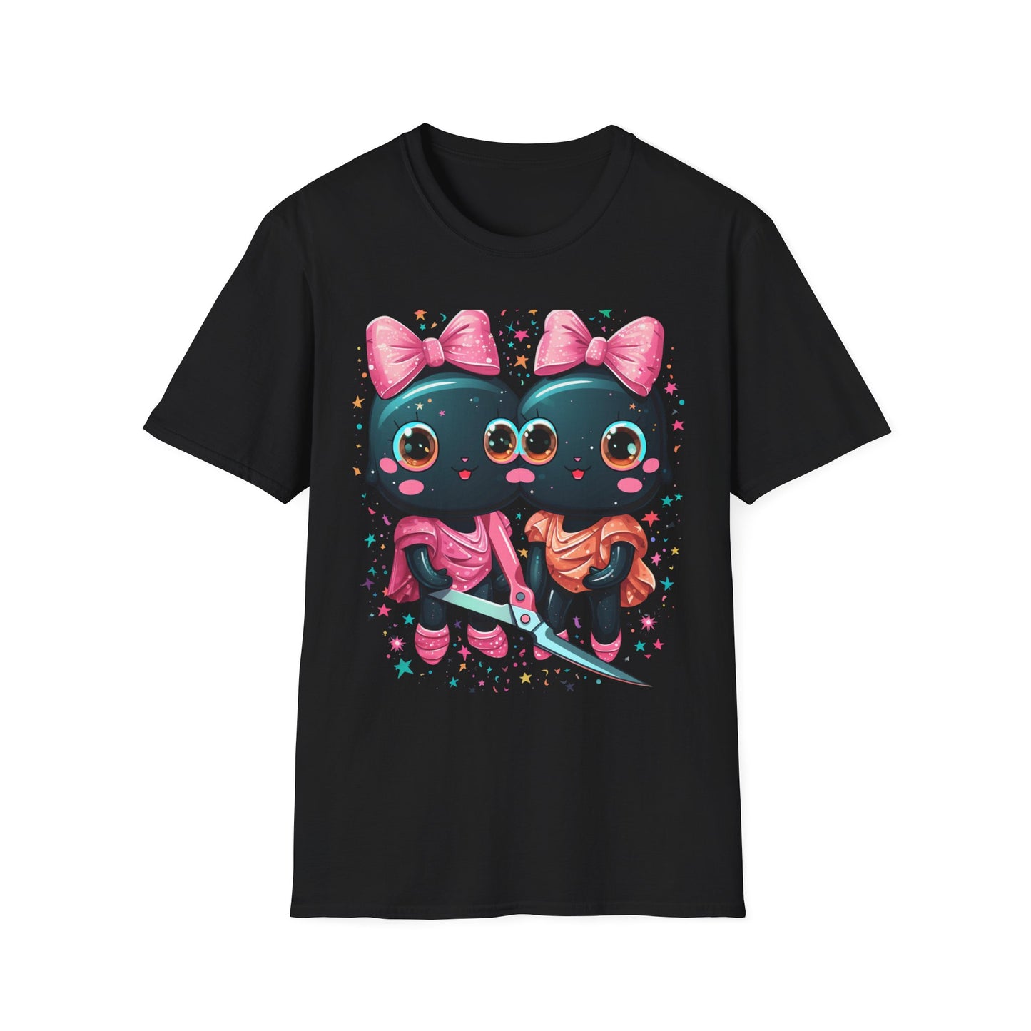 Cute Gothic Twin Dolls T-Shirt — Matching Pink Bow Kawaii Design