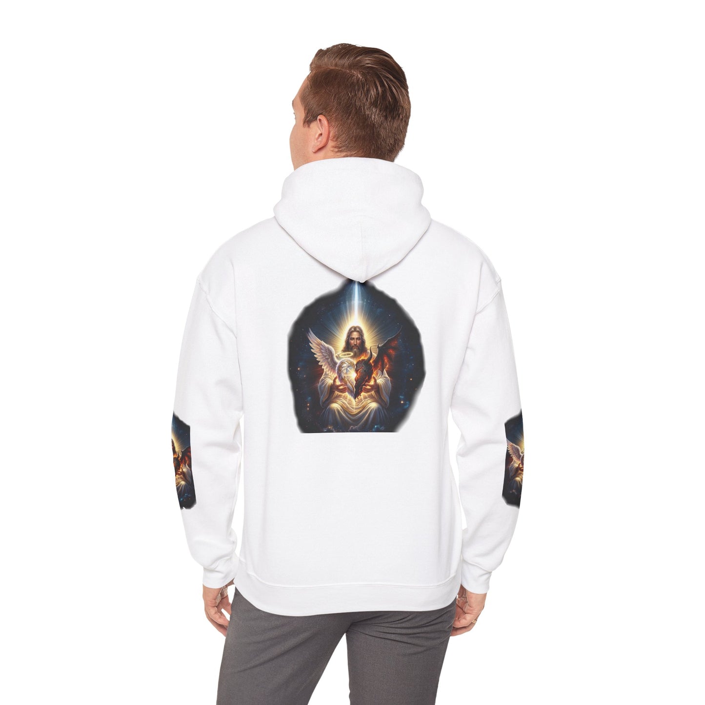 Christian Hoodie – "A Heart Divided Within Divine Grace" Religious Pullover with Angel Artwork