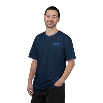 Graphic T-Shirt — Blue Barbed Halo with 'Sovereign' Bubble Letter Back Print