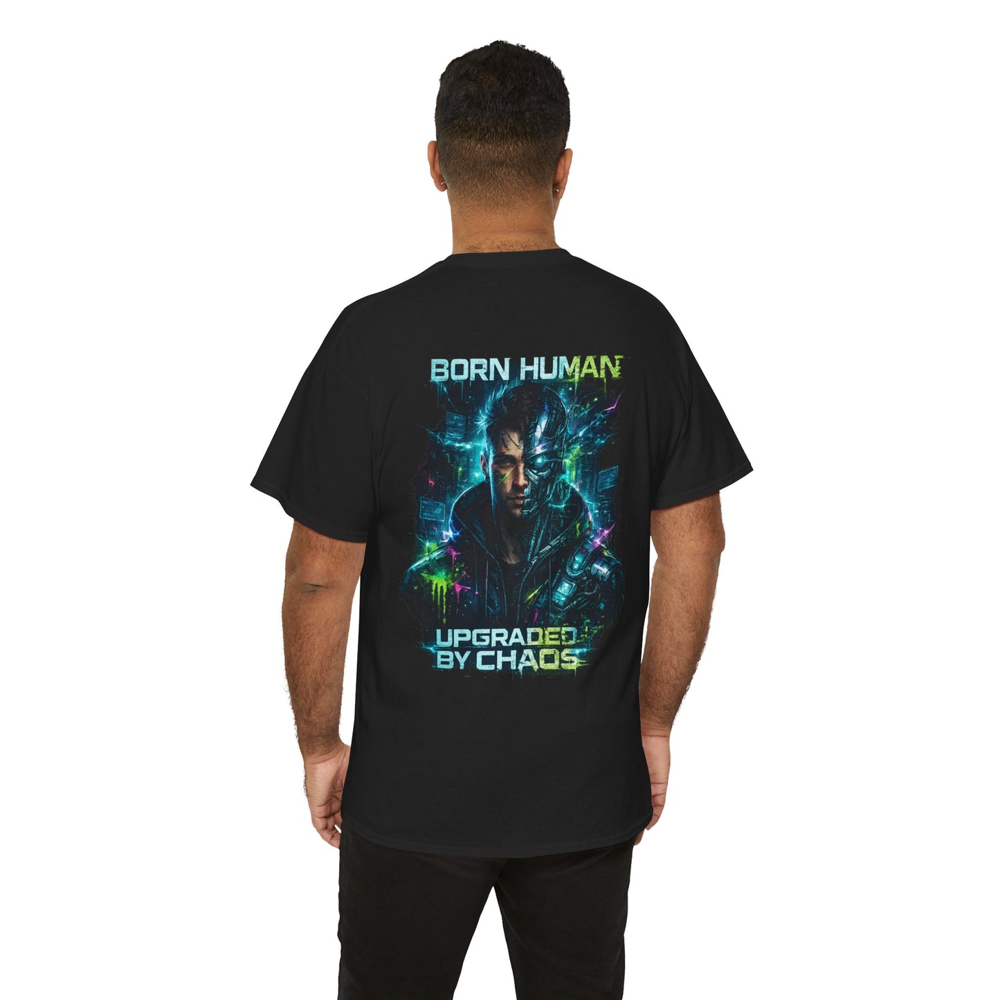 Synth Rebellion Cyberpunk T-Shirt | Born Human Upgraded by Chaos Futuristic Graphic Tee