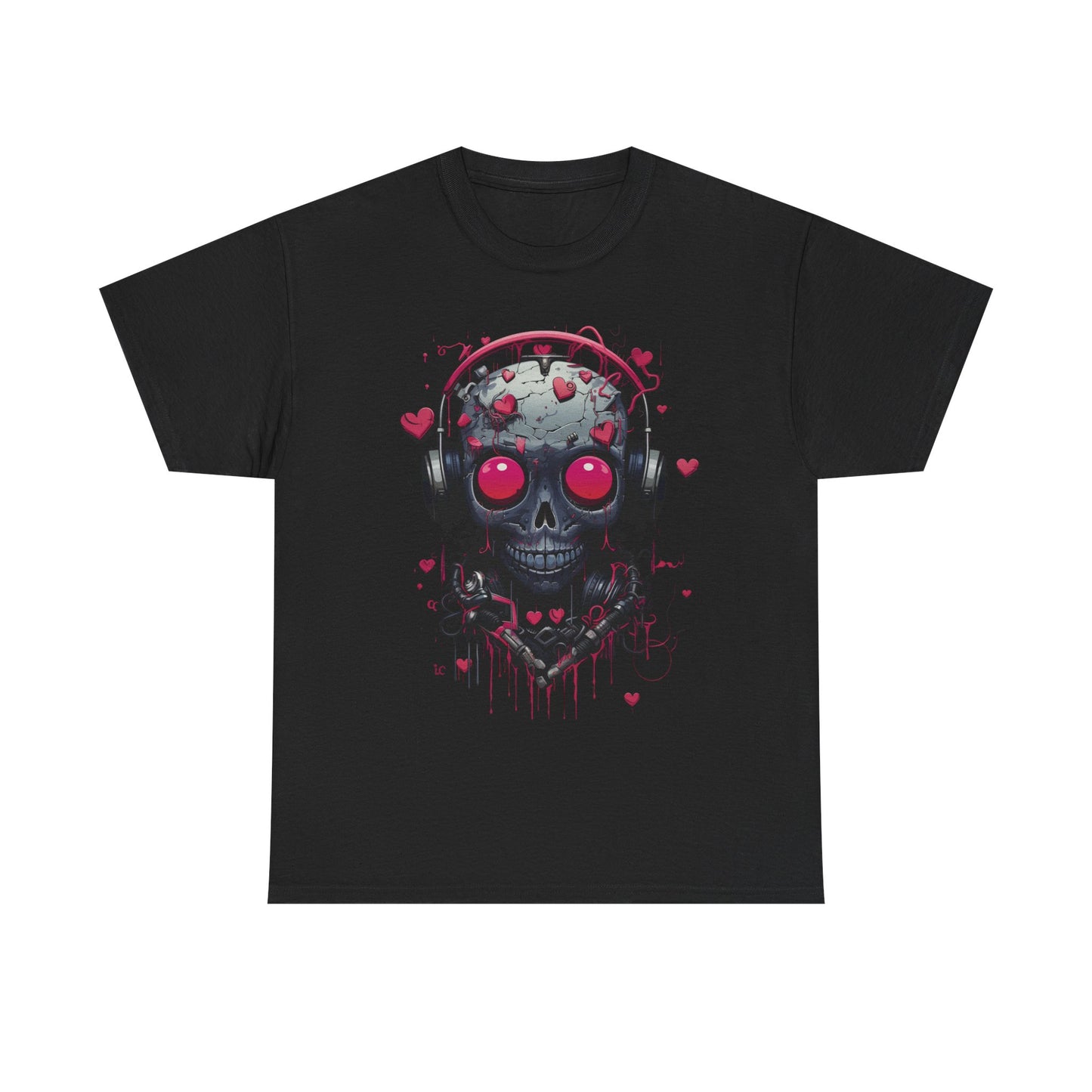 Emo Skull Headphones T-Shirt – Gothic Heartbreak Graphic Tee, Dark Aesthetic Streetwear, Love & Death Punk Shirt