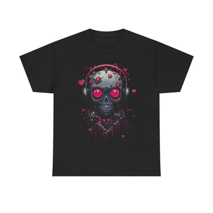 Emo Skull Headphones T-Shirt – Gothic Heartbreak Graphic Tee, Dark Aesthetic Streetwear, Love & Death Punk Shirt
