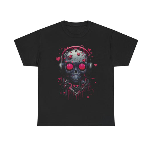 Emo Skull Headphones T-Shirt – Gothic Heartbreak Graphic Tee, Dark Aesthetic Streetwear, Love & Death Punk Shirt