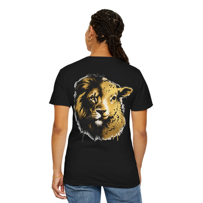 Lion and Lamb Christian T-Shirt | Faith-Based Graffiti Streetwear Tee | Gold Urban Christian Graphic Shirt | Religious Lion Lamb Apparel