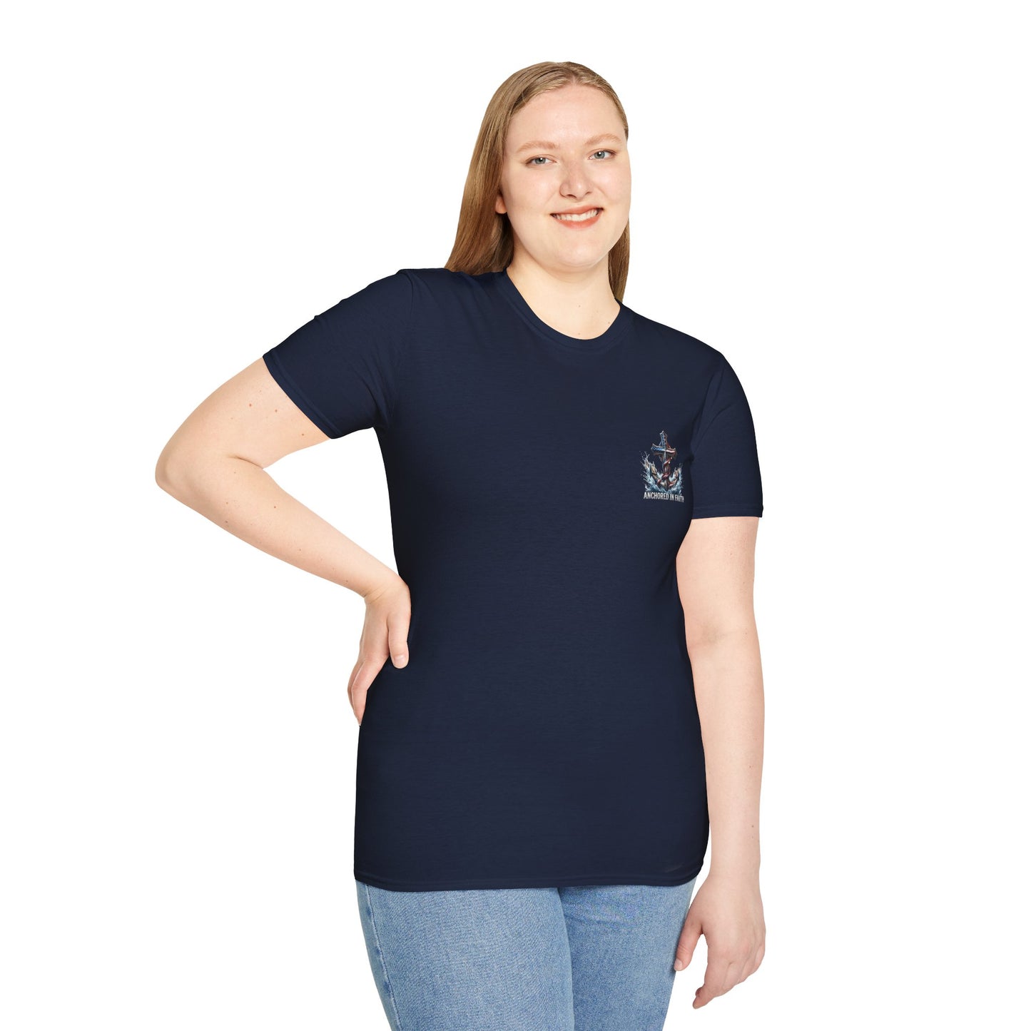 Anchored in Faith Christian T-Shirt | Patriotic Cross & Anchor Graphic Tee | American Flag Faith Shirt