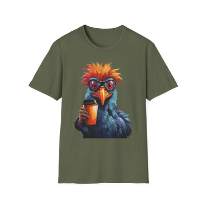 Coffee Bird T-Shirt — Quirky Colorful Bird Holding Coffee Graphic Tee