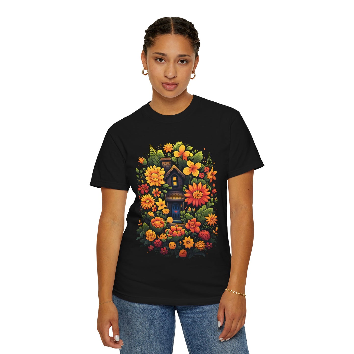 Sunlit Cottage Floral T‑Shirt — Cozy Autumn Garden Illustration