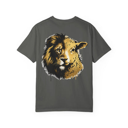 Lion and Lamb Christian T-Shirt | Faith-Based Graffiti Streetwear Tee | Gold Urban Christian Graphic Shirt | Religious Lion Lamb Apparel