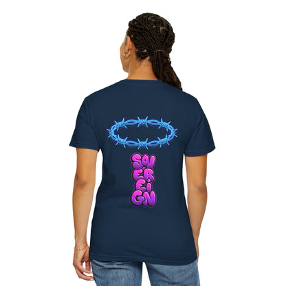 Graphic T-Shirt — Blue Barbed Halo with 'Sovereign' Bubble Letter Back Print