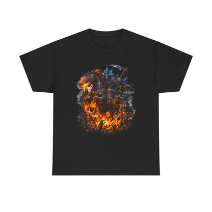 Grim Reaper Riding Flaming Horse T-Shirt – Dark Fantasy Death Rider Graphic Tee, Gothic Fire Horse Shirt, Apocalypse Streetwear