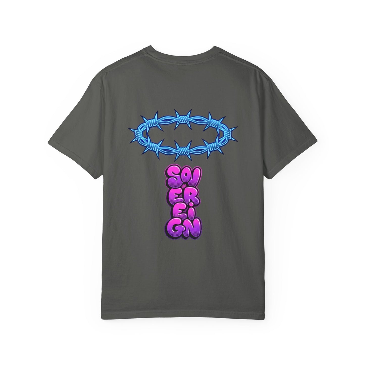 Graphic T-Shirt — Blue Barbed Halo with 'Sovereign' Bubble Letter Back Print