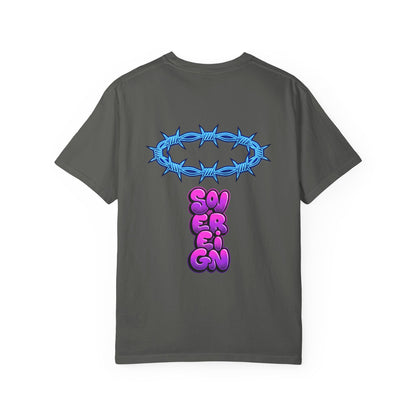 Graphic T-Shirt — Blue Barbed Halo with 'Sovereign' Bubble Letter Back Print