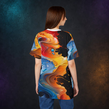 Back view of a woman wearing the abstract fluid art all-over print T-shirt against a charcoal studio background.