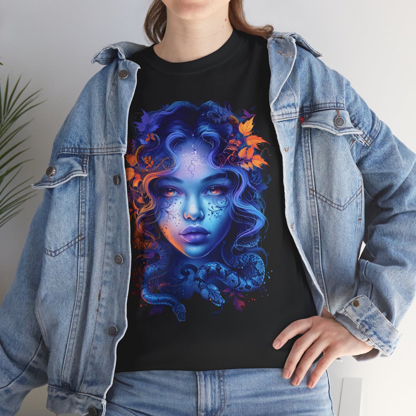 Medusa Moonlight Graphic Tee — Neon Mythical Woman Art T-Shirt