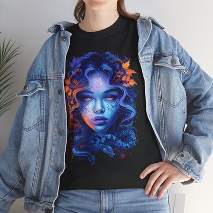 Medusa Moonlight Graphic Tee — Neon Mythical Woman Art T-Shirt