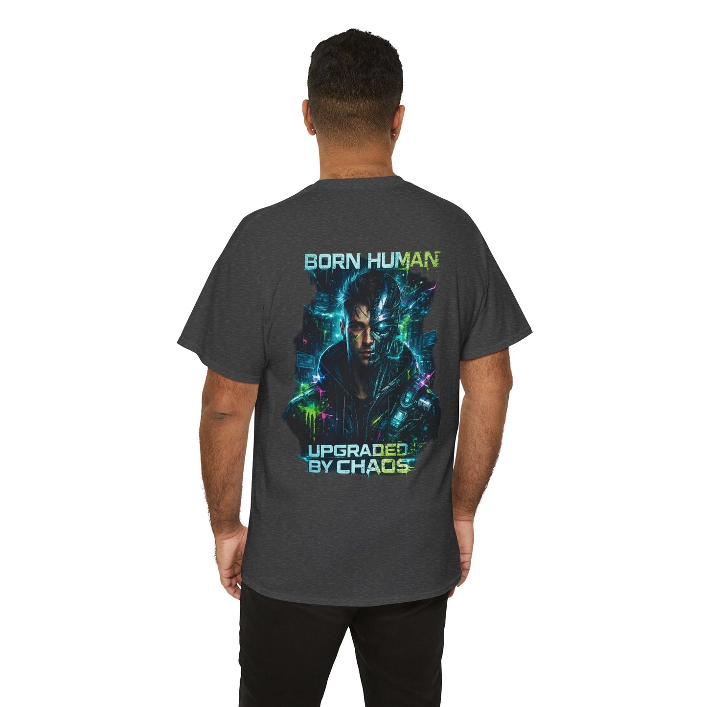 Synth Rebellion Cyberpunk T-Shirt | Born Human Upgraded by Chaos Futuristic Graphic Tee