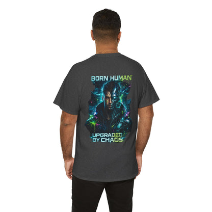 Synth Rebellion Cyberpunk T-Shirt | Born Human Upgraded by Chaos Futuristic Graphic Tee