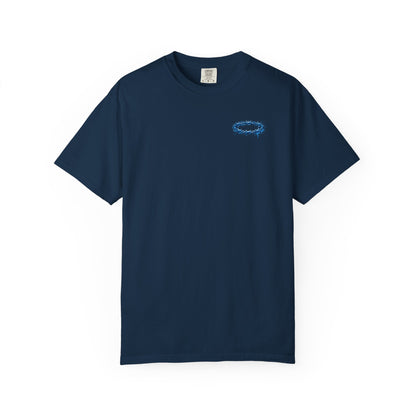 Graphic T-Shirt — Blue Barbed Halo with 'Sovereign' Bubble Letter Back Print