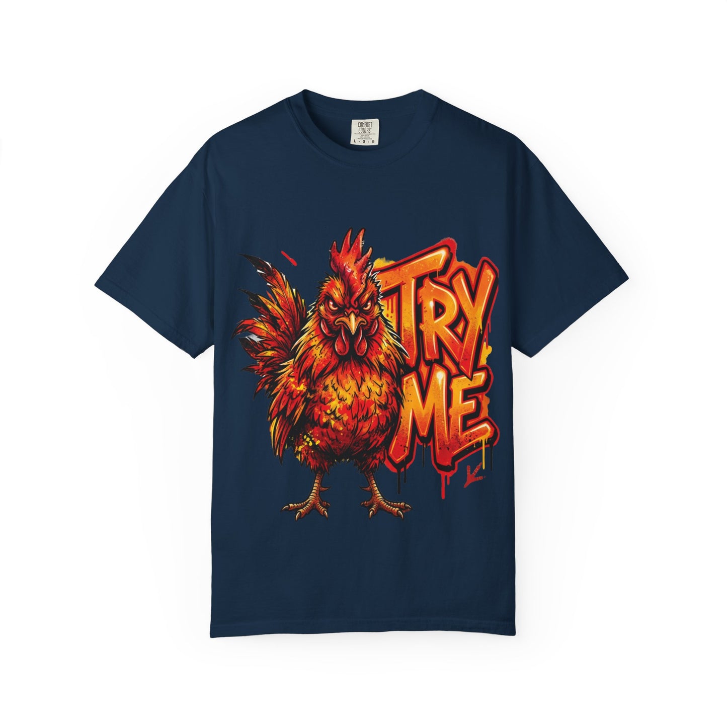 Try Me Rooster T-Shirt — Fiery Graphic Tee for Bold Attitude
