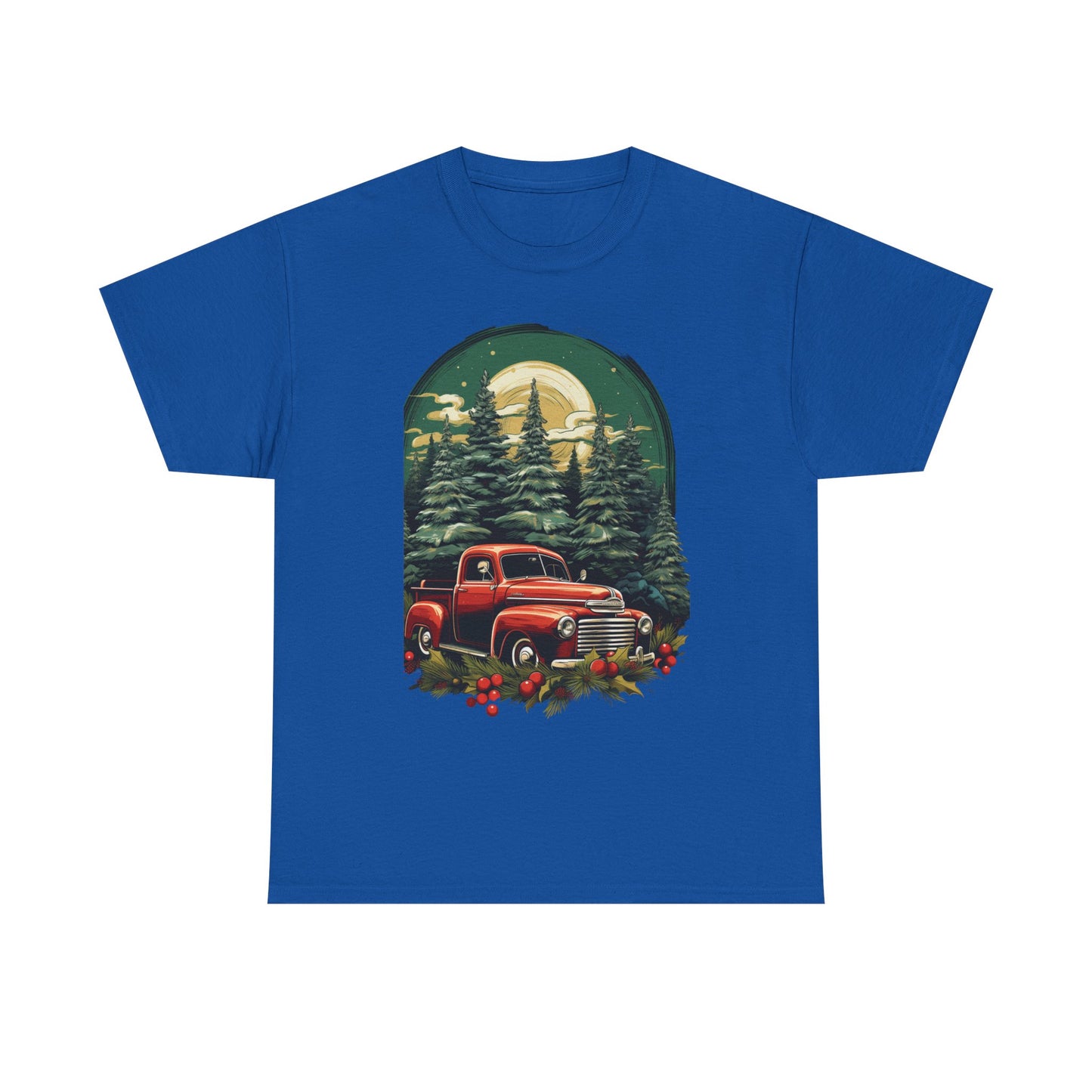 Vintage Red Truck Christmas Tee — Retro Holiday Truck with Evergreen Forest & Berries