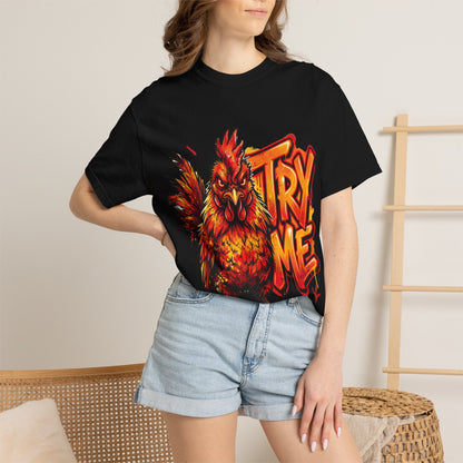 Try Me Rooster T-Shirt — Fiery Graphic Tee for Bold Attitude