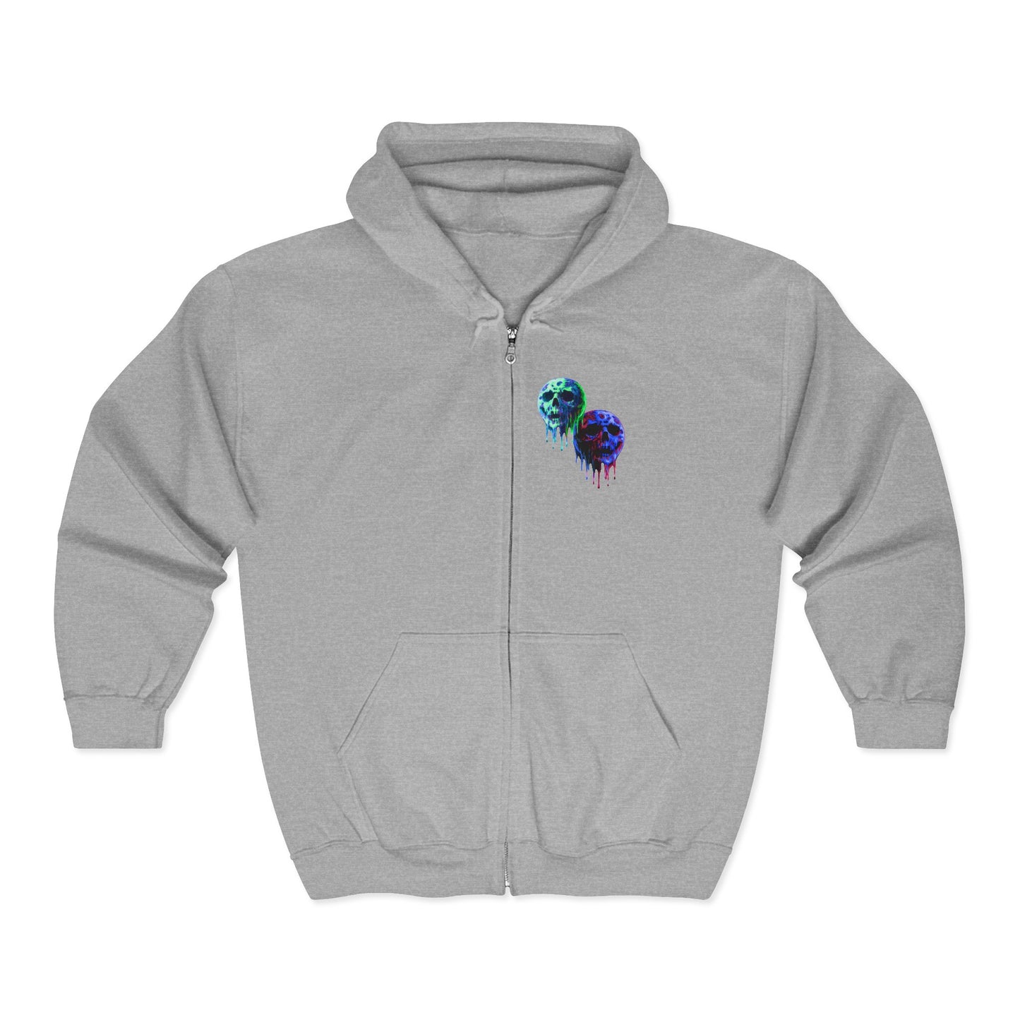 Dripping Neon Skull Zip Hoodie — Glowing Horror Graphic Full-Zip Sweatshirt