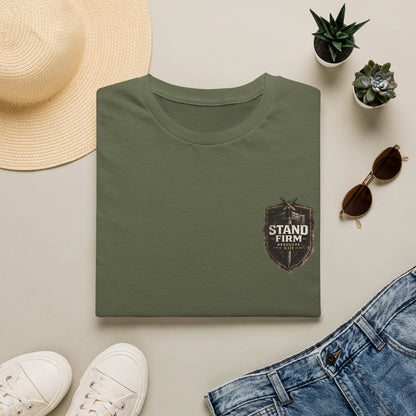 Stand Firm Shield T-Shirt — Patriotic Vintage Emblem Tee